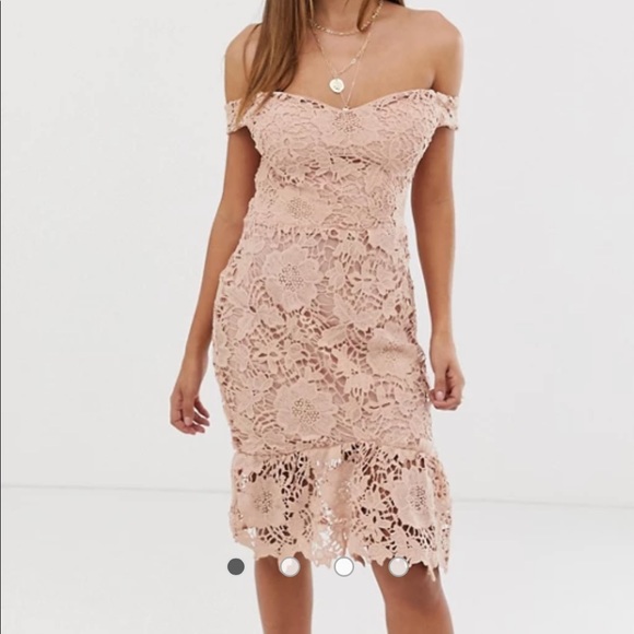 Off-the-Shoulder Nude Lace Bardot Bodycon Dress - Picture 1 of 4
